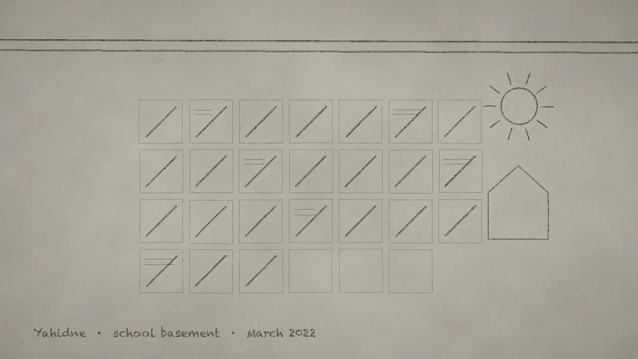 Film still: a calendar drawn in coal on a basement wall, days crossed out, beside a child's drawing of a sun and a house.