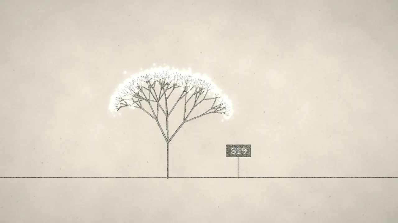 Film still: a cherry tree in blossom, with a small wooden grave marker numbered 319.