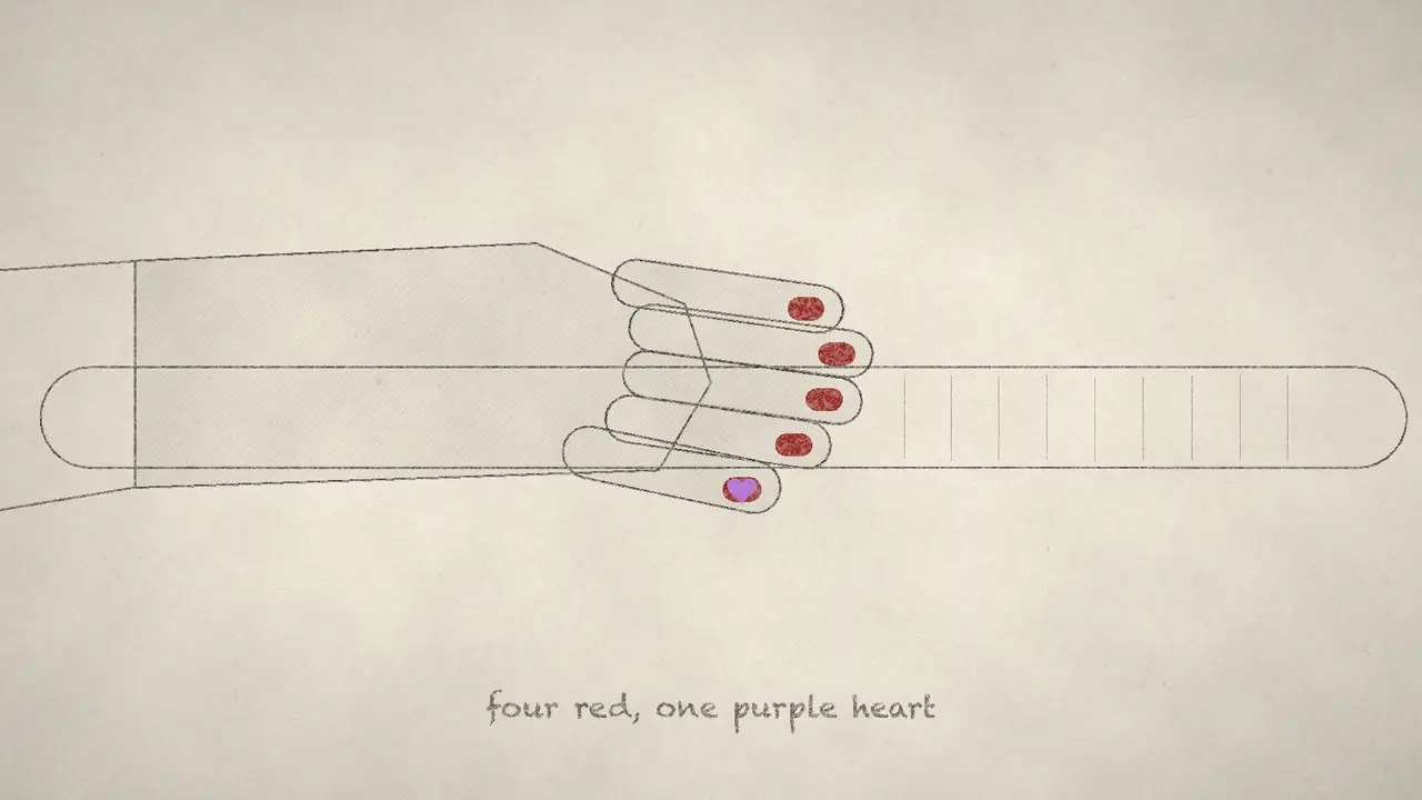 Film still: a hand on a bicycle grip, four nails painted red and one with a small purple heart.