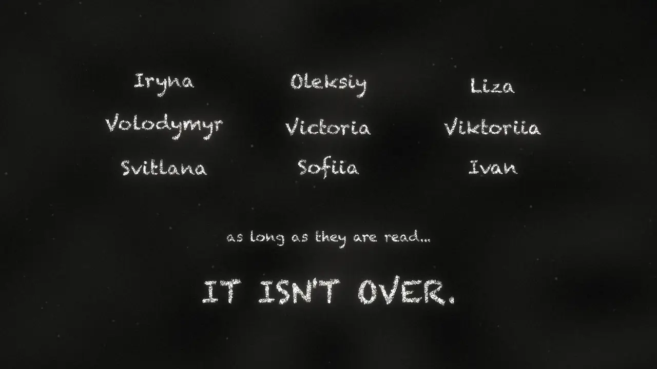 Film still: nine first names written in chalk on black, with the words IT ISN'T OVER beneath.