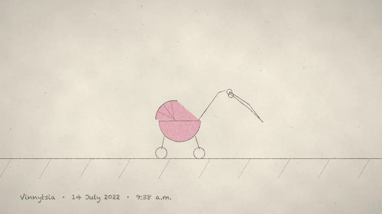 Film still: a small pink stroller drawn in pencil on a pavement.