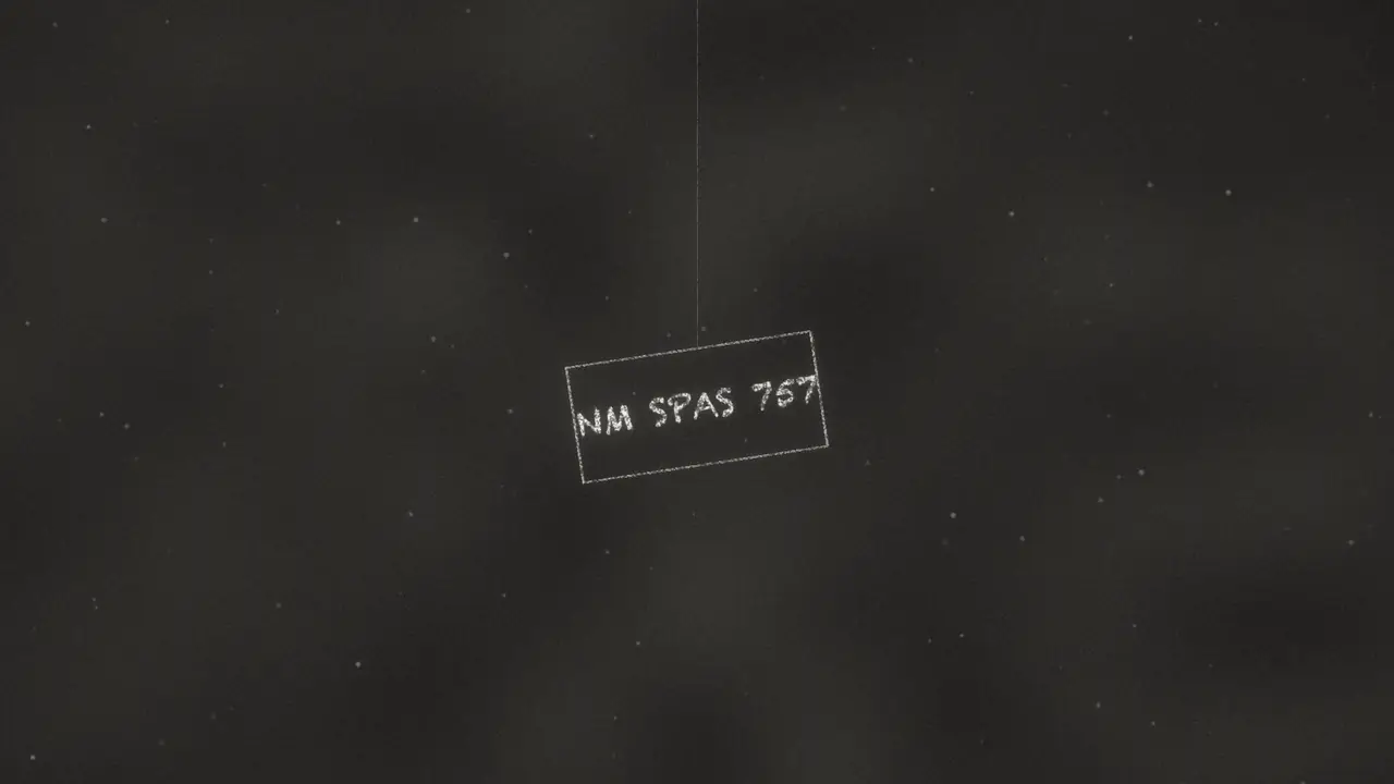Film still: a hanging tag reading NM SPAS 757, drawn in chalk on black.