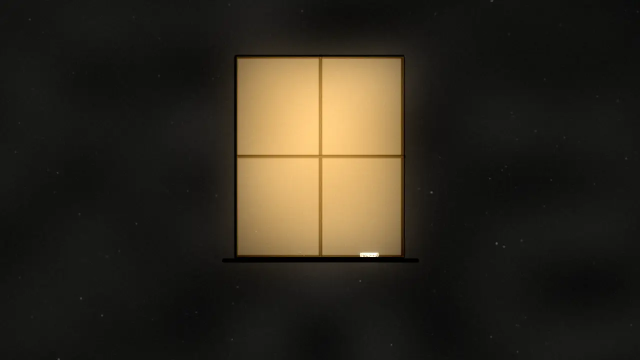 Film still: a lit window in the dark, with a piece of chalk on the sill.